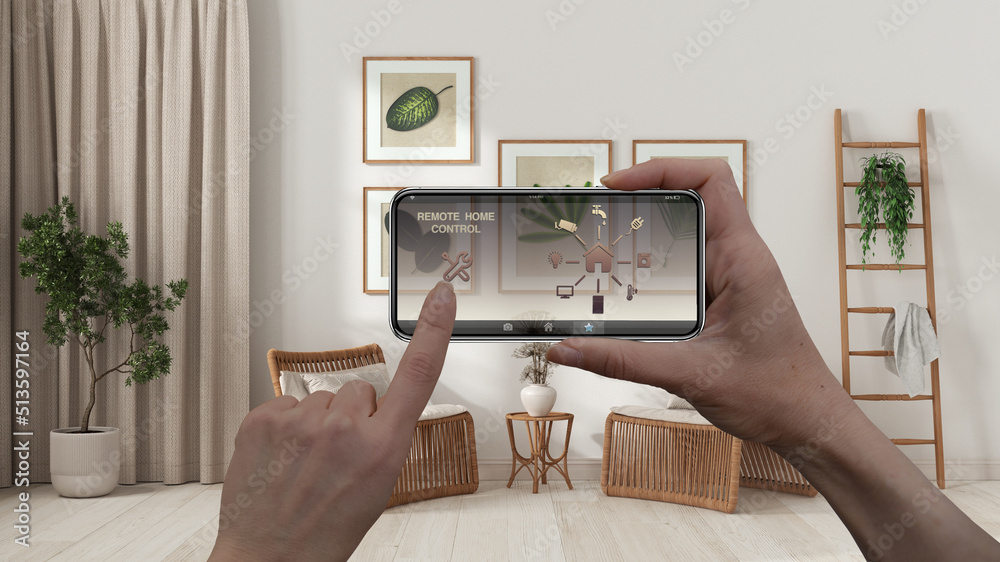 Smart remote home control system on a smart phone. Device with app icons. Interior of modern wooden living room with rattan armchairs in the background, architecture design