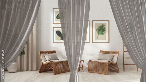 White openings curtains overlay rattan living room, interior design background, front view, clipping path, vertical folds, soft tulle textile texture, stage concept with copy space