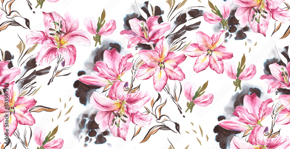 Bright Textile Feminine Watercolor Botanical Floral Painted Fashion Stylish Decorative Pattern Fabric Wallpaper Tile Seamless with pink lily flowers on a white background.