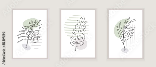Palm tree, fern line art vector for wall. Botanical prints boho vector set for wall. Bohemian style with line art foliage.