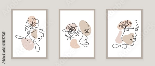 Boho women face vector. Surreal portrait, girl face with chrysanthemum, lily, rose flower