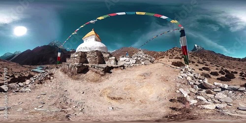 4K VR of Dingboche and Pheriche village in Nepal, basic point of everest base camp track. EBC. Buddhist stupa on mountain trekking path in Himalayas. photo