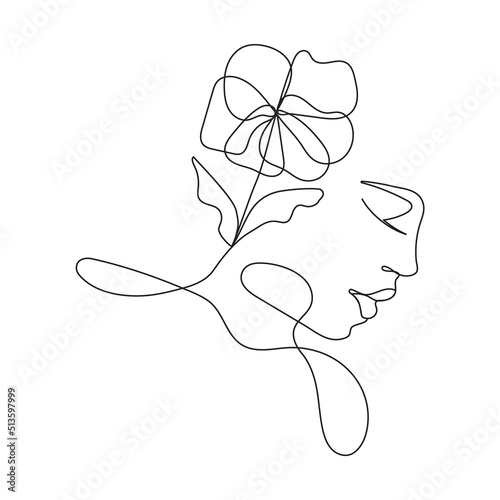 Boho woman beautiful face on abstract wall art vector. Surreal portrait, Girl face in continuous line style. T