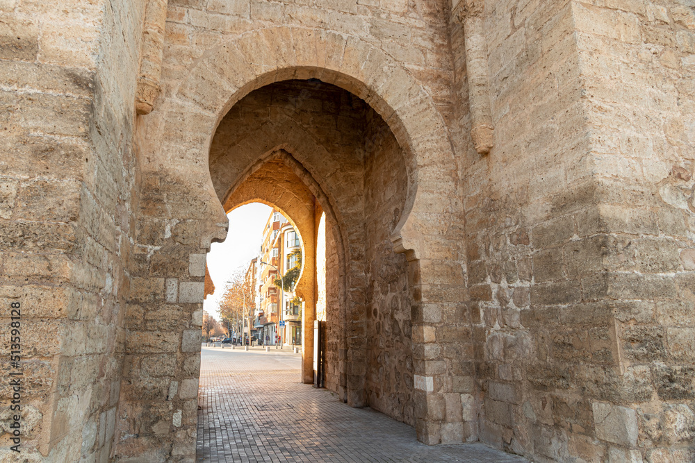 Ciudad Real, Spain. The Puerta de Toledo (Toledo Gate), a Gothic fortified city entrance formerly part of the walls. Horseshoe arch - obrazy, fototapety, plakaty 