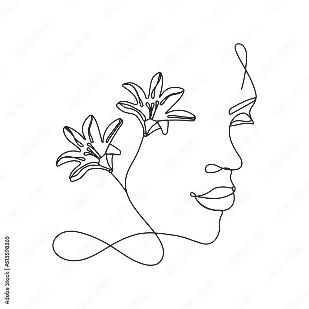 Boho woman beautiful face on abstract wall art vector. Surreal portrait, Girl face in continuous line style. T