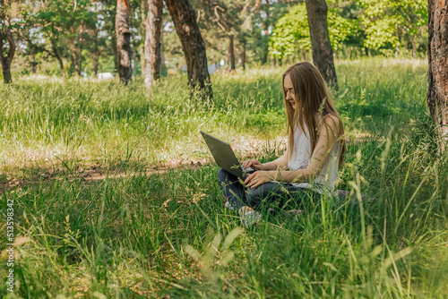 On the banner, a young girl works with a laptop in the fresh air in the park, sitting on the lawn. The concept of remote work. Work as a freelancer. The girl takes courses on a laptop and smiles.