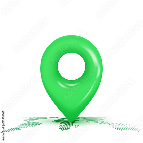 3D map location point marker of map or navigation pin icon sign on isolated blue background. 3d pin navigation is green color with shadow on map direction. 3d GPS pin vector render illustration