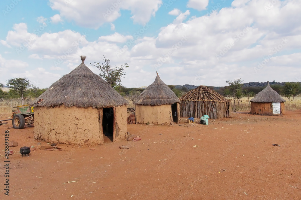 View of traditional huts at Himba village near Etosha National Park, Namibia, Africa