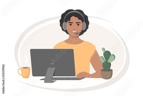 Customer support, call center. Woman with dark skin and hair with headphones, microphone and laptop. Vector illustration