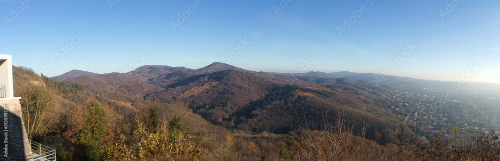 Overlooking the Siebengebirge, the seven hills, a hill range with more than seven hills near the city of Konigswinter, Germany on a fall day.