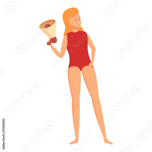 Lifeguard woman in megaphone icon cartoon vector. Guard life. Water ocean