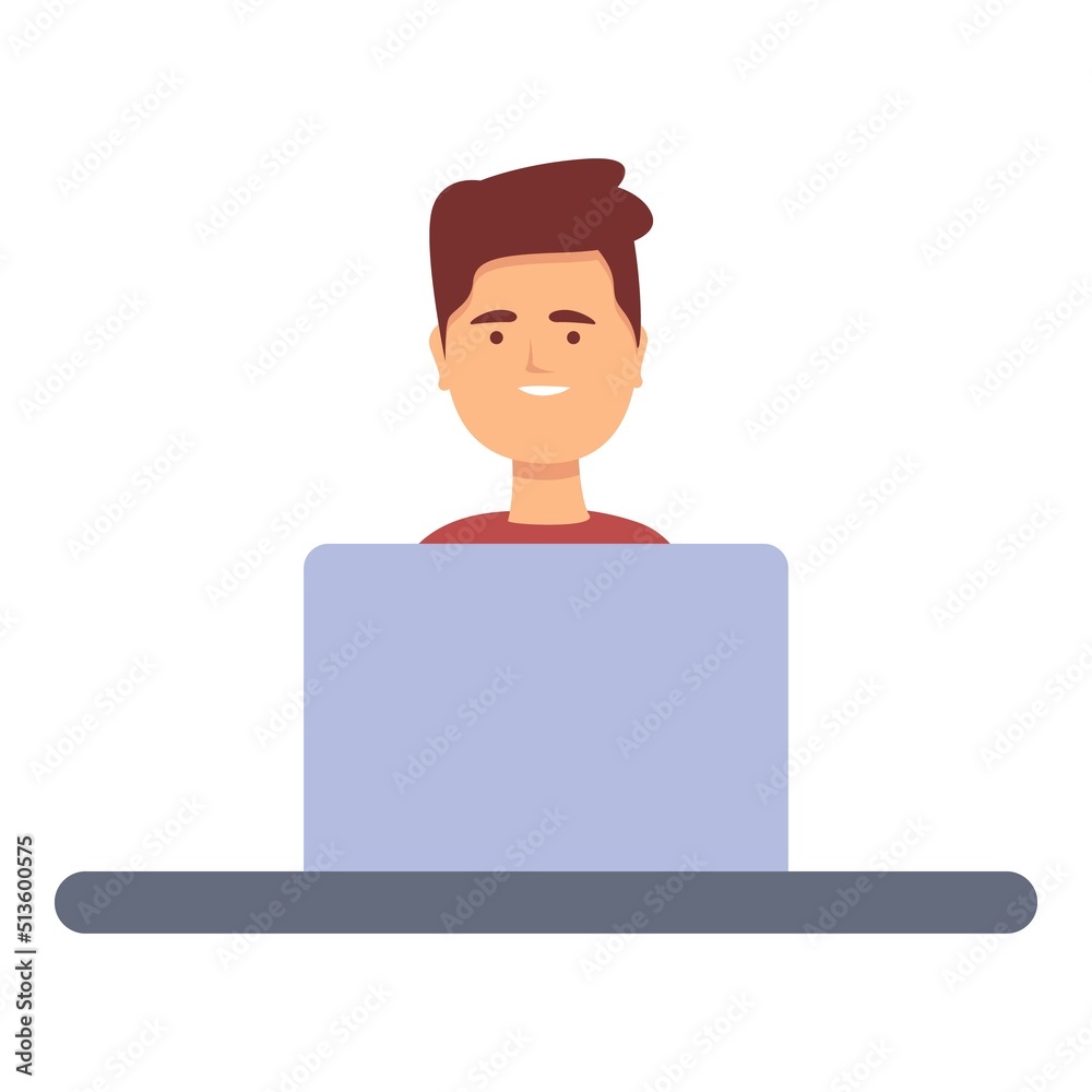 Desktop study icon cartoon vector. Computer boy. Child learn
