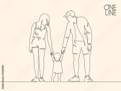 Parents and child. Linear silhouette of family. Continuous single line