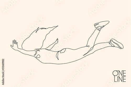 Flying girl with outstretched arms. Freedom, fun concept. Single line