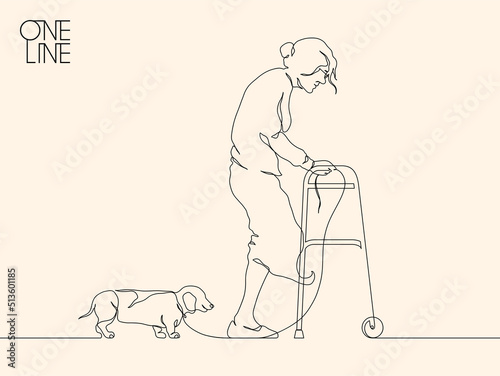 Old woman outline. Silhouette of lady with dog. Continuous single line