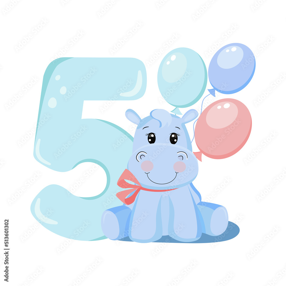 Cute baby boy hippo. Birthday invitation. Five years, 5 months. Happy birthday.