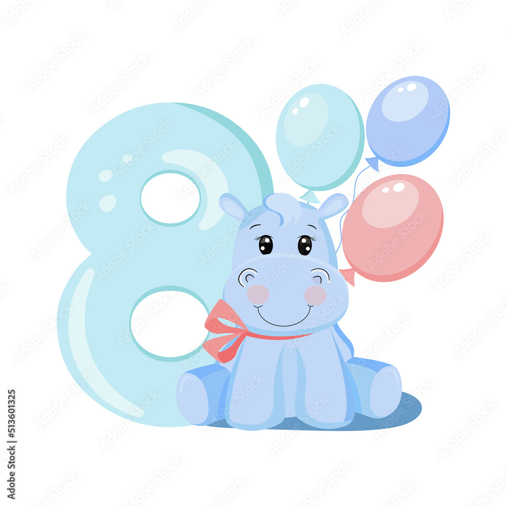 Obraz premium Cute baby boy hippo. Birthday invitation. Eight years, eight months. Happy birthday