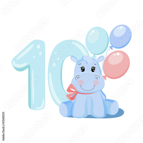 Cute baby girl hippo. Birthday invitation. Ten years  ten months. Happy birthday. 