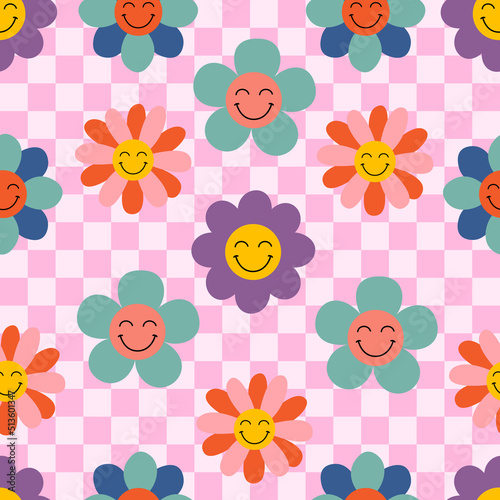 seamless pattern with fun smiling flowers 