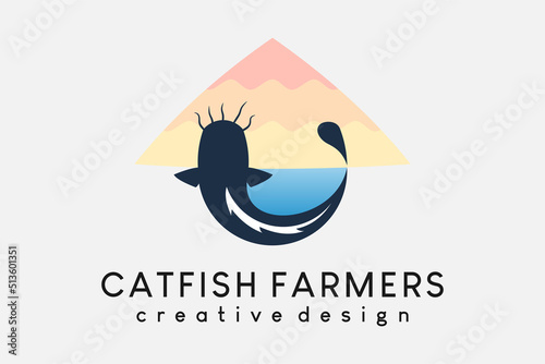 Freshwater fish farmer logo design, breeder or catfish farming. Silhouette of catfish blended with nature in farmer's hat illustration