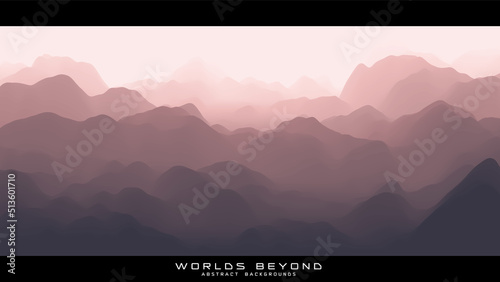Abstract reddish landscape with misty fog till horizon over mountain slopes. Gradient eroded terrain surface. Worlds beyond.