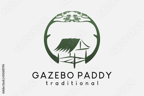 Paddy gazebo or traditional cottage logo design in a hand-drawn concept combined with a tree in a circle