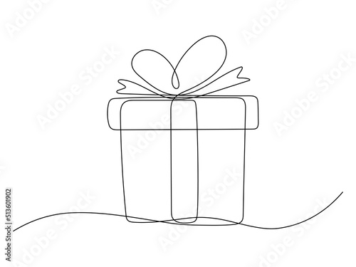 Gift box continuous line art. Present square linear symbol. Surprise with ribbons drawing sign. Vector isolated on white.