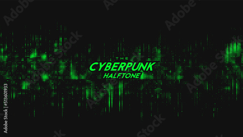 Abstract vector green cyberpunk halftone sound wave. Scrathed dotted texture element.