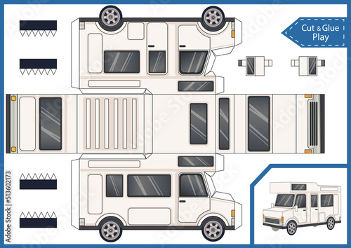 Cut and glue paper motor home. Craft kids game. Create papercraft 3d toys house car. Printable activity page template gaming worksheet. Vector puzzle game.