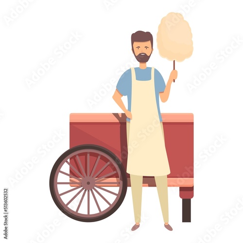 Happy cotton seller icon cartoon vector. Food cart. Street machine