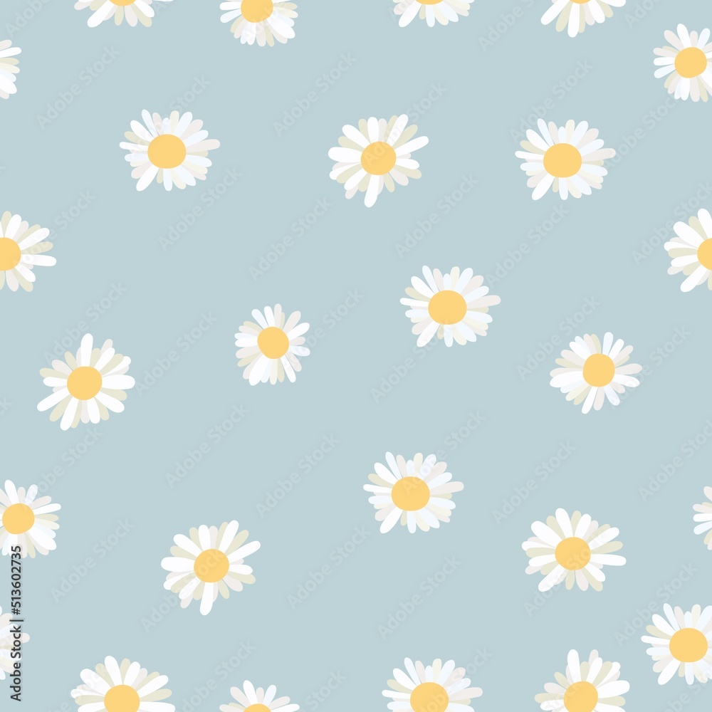 Seamless pattern with daisies. Camomile field. Small daisies on a pale blue background.