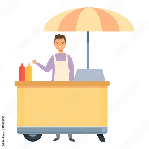 Umbrella hot dog seller icon cartoon vector. Food stand. Kiosk market