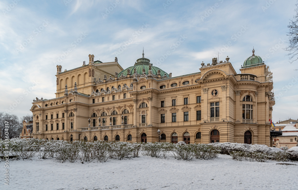 Krakow, Poland, XIXth century city theater in the snow