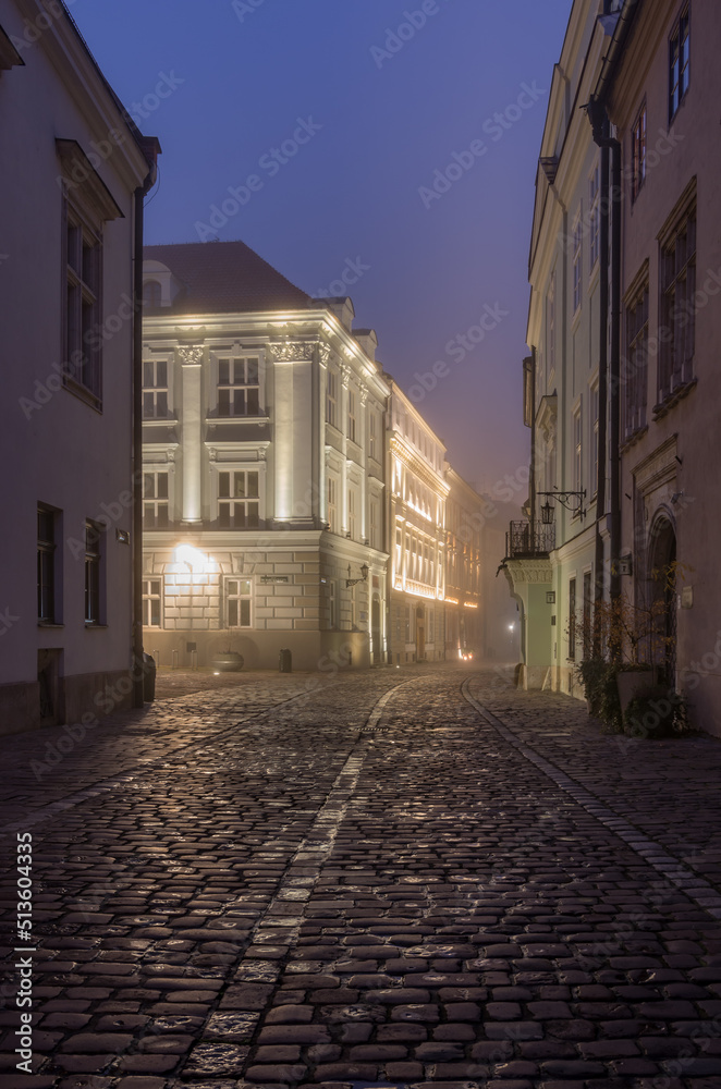 Krakow old town, Kanonicza street in the foggy night