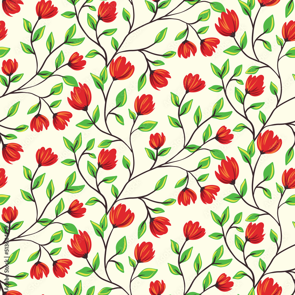 Seamless floral pattern with thin flowers branches on a white field. Cute ditsy print, liberty botanical background with small hand drawn flowers, tiny leaves on twigs. Vector illustration. Seamless floral pattern with thin flowers branches on a white field. Cute ditsy print, liberty botanical background with small hand drawn flowers, tiny leaves on twigs. Vector illustration.