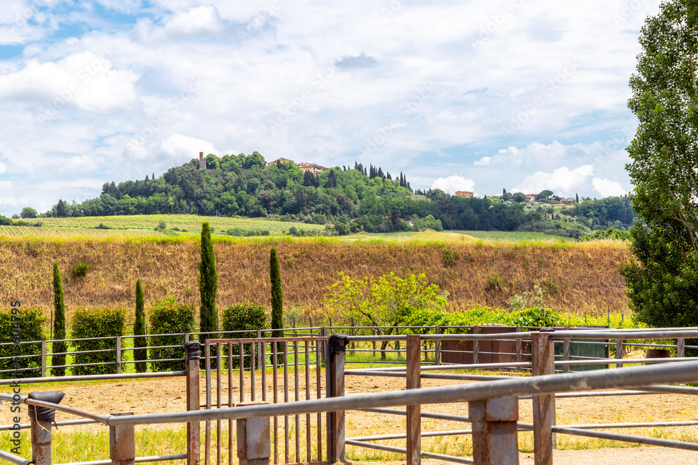 View of a hill with villas from a horse stable and farm in the hills of Tuscany, Italy.