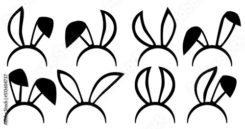 Bunny Ears photo booth collection. Easter animal ears mask. Rabbit ear spring hat set isolated on white background. Vector illustration.