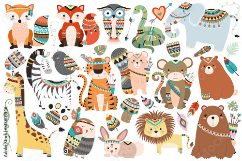 Funny Woodland and jungle tribal animals isolated vector set, cute wild forest fox and jungle tribals zoo, Ideal kids design