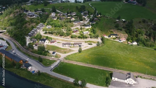 Norway. Flam. Beautiful views of the village of Flam. Waterfall, river, mountains are incredibly beautiful views from the drone. Video 4k photo