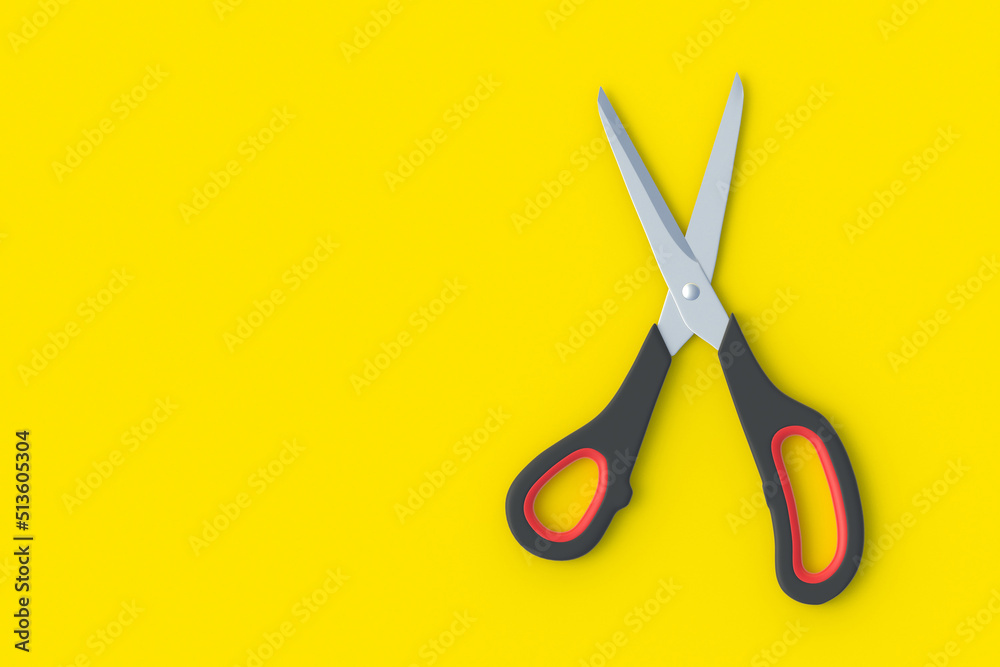 Opened scissors on yellow background. Barber equipment. Stationery accessories. Preschool education. Top view. Copy space. 3d render Opened scissors on yellow background. Barber equipment. Stationery accessories. Preschool education. Top view. Copy space. 3d render