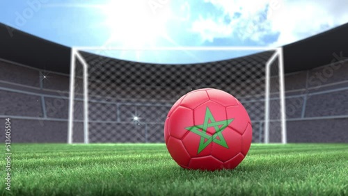 Morocco soccer ball, rolling into stadium with camera flashes. 3D animation