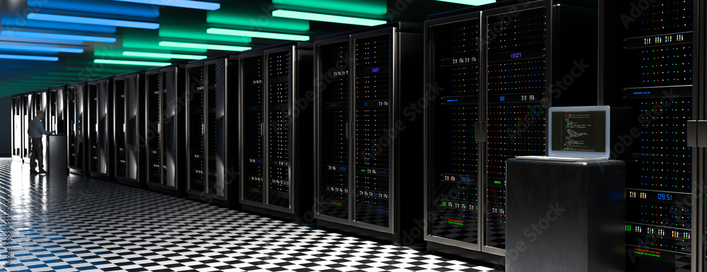 Servers. Servers room data center. Backup, mining, hosting, mainframe, farm and computer rack with storage information. 3d rendering Servers. Servers room data center. Backup, mining, hosting, mainframe, farm and computer rack with storage information. 3d rendering