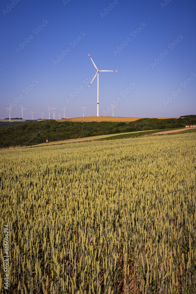 Wind Farm in Germany with a view of a lush green and yellow field with blue sky vertical and copy space