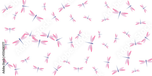 Exotic rosy pink dragonfly flat vector wallpaper. Summer beautiful damselflies. Wild dragonfly flat kids background. Sensitive wings insects patten. Tropical beings