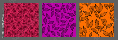 Tree branch leaves and flowers sketch doodle hand drawn vector seamless pattern collection.