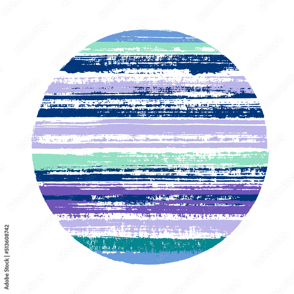 Abstract circle vector geometric shape with striped texture of ink horizontal lines. Old paint texture disc. Label round shape logotype circle with grunge background of stripes.