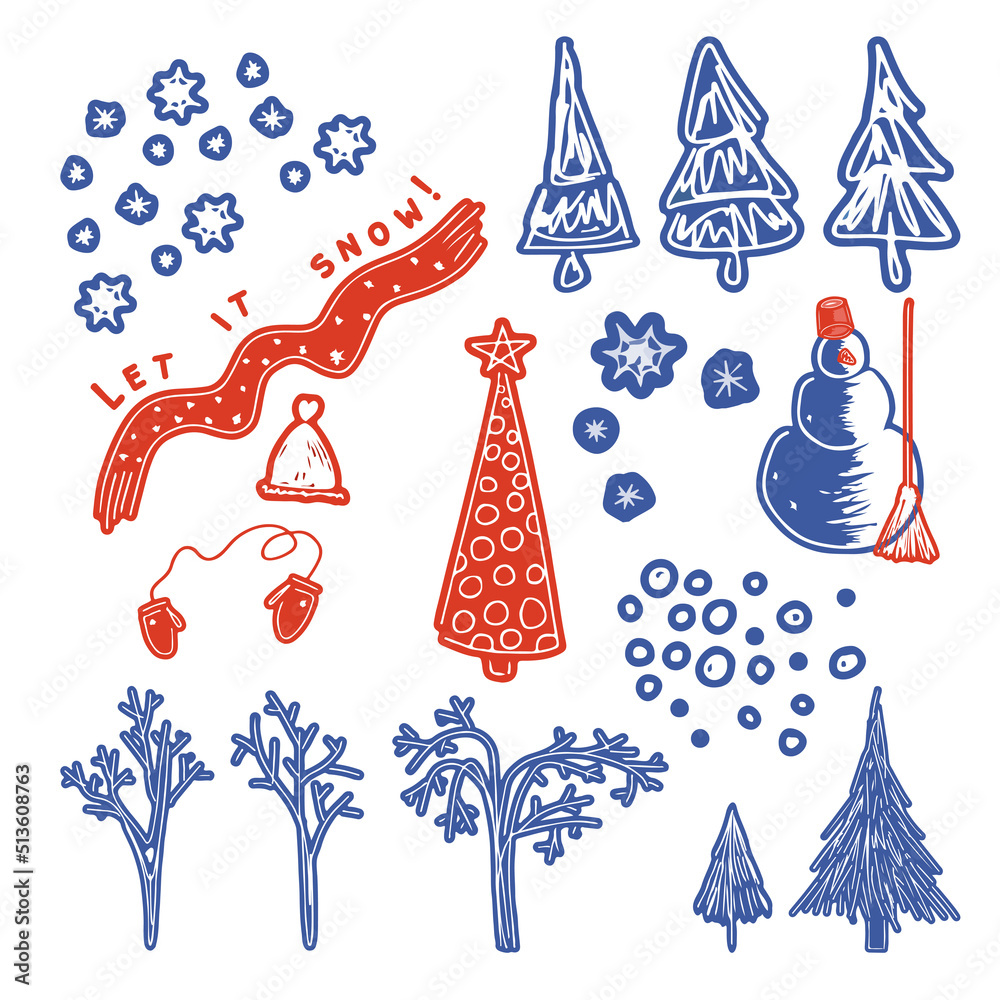 Abstract winter vector set of blue and red elements isolated on white background Abstract winter vector set of blue and red elements isolated on white background