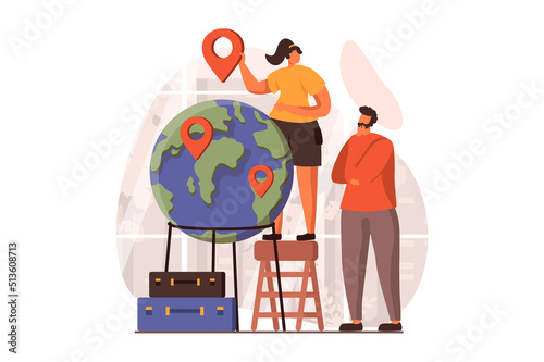 Travelling web concept in flat design. Couple with suitcases goes on vacation together and choosing location in globe. Man and woman going to worldwide travel. Vector illustration with people scene