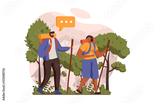 Travelling web concept in flat design. Couple with backpacks hiking in forest and goes on vacation together. Man and woman trekking route and going to travel. Vector illustration with people scene