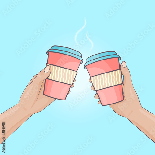 Cheers Coffee Vector Colorful Illustration.  A couple is toasting and holding in hands takeaway hot drinks in a paper cups.